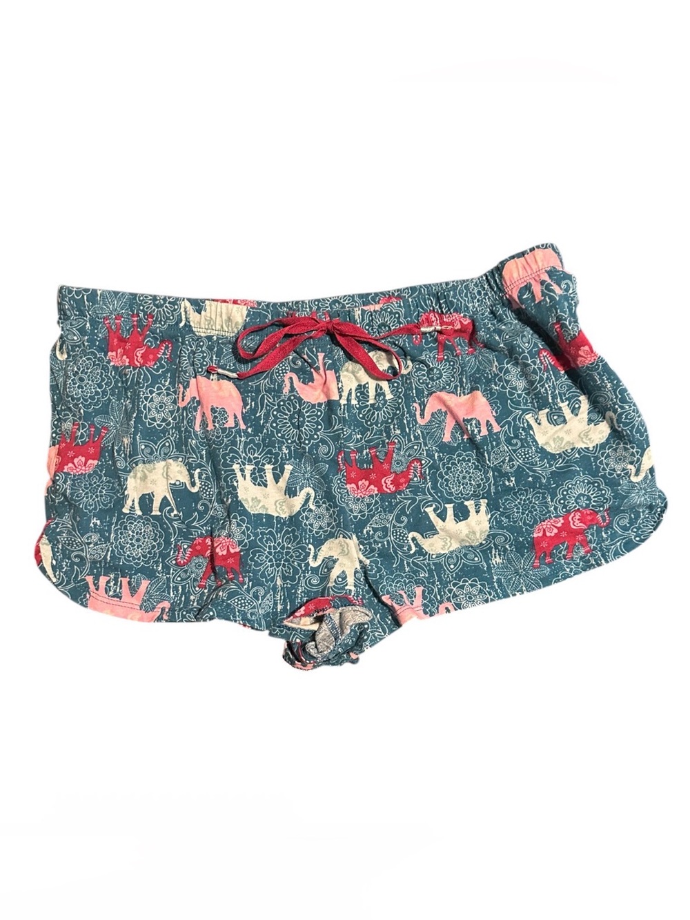 Teal Elephant Print Shorts with Pink Drawstring